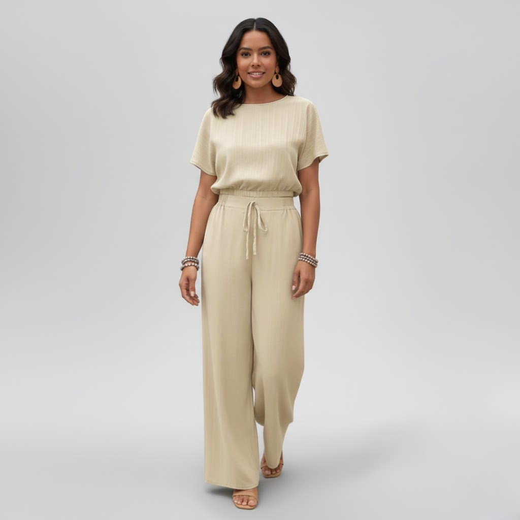 Modern round neck blouse and pants set