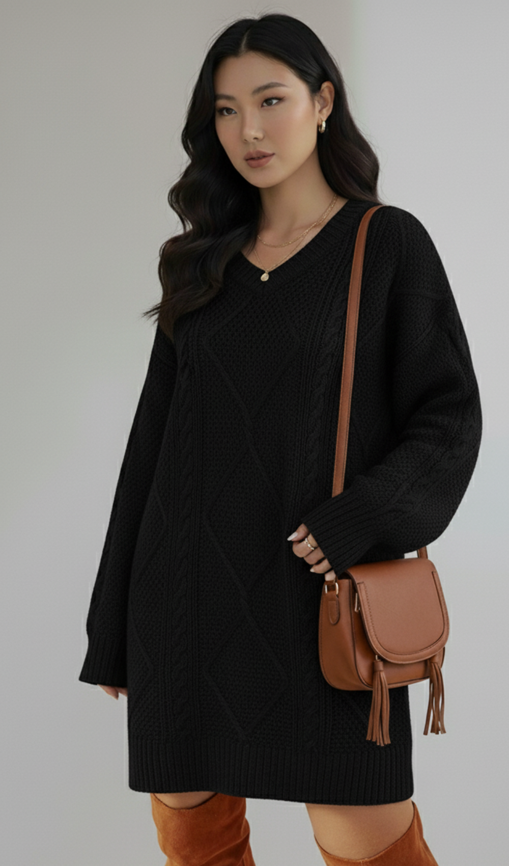 Cable-Knit Round Neck Sweater Dress
