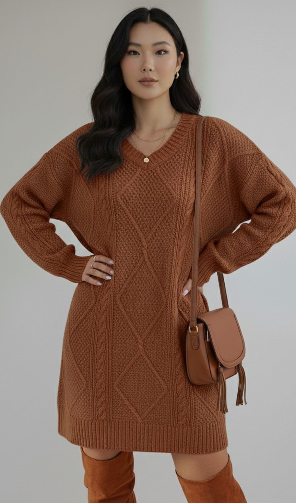 Cable-Knit Round Neck Sweater Dress