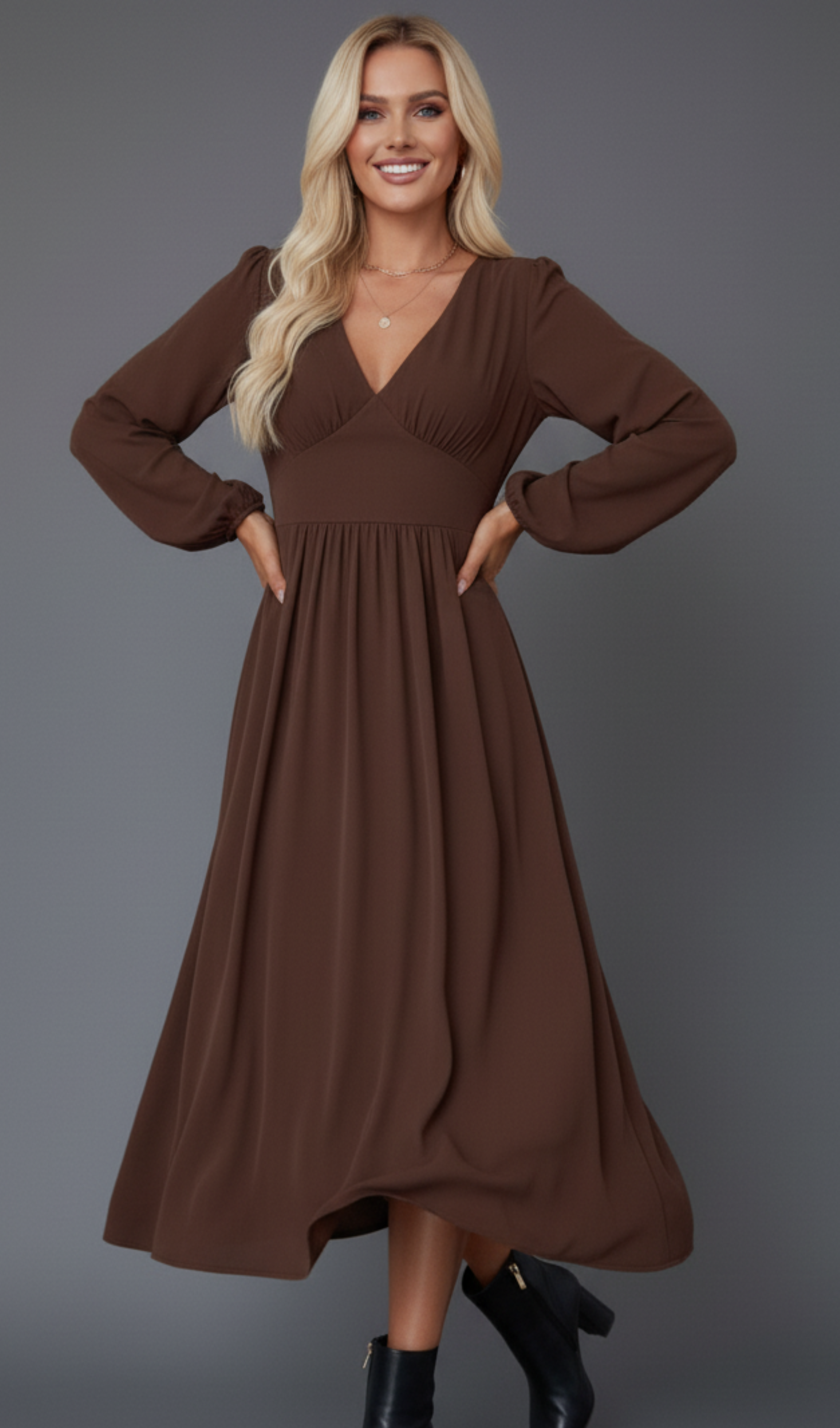 V-Neck Balloon Sleeve Midi Dress