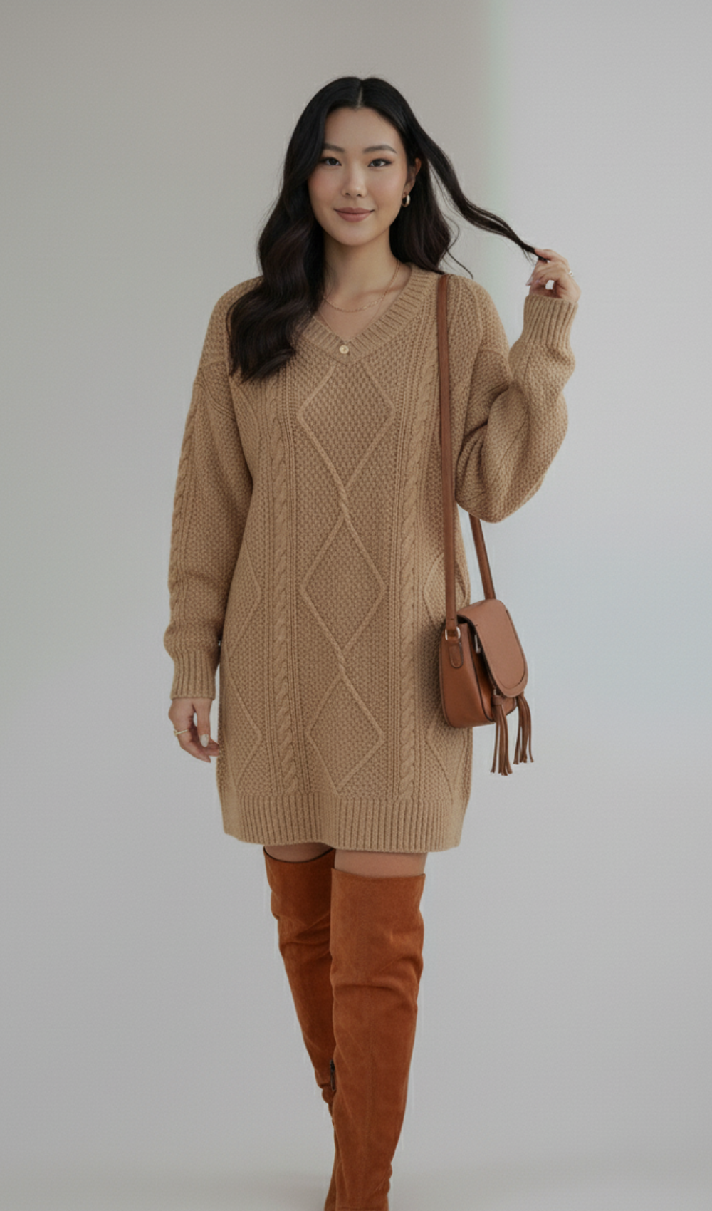 Cable-Knit Round Neck Sweater Dress