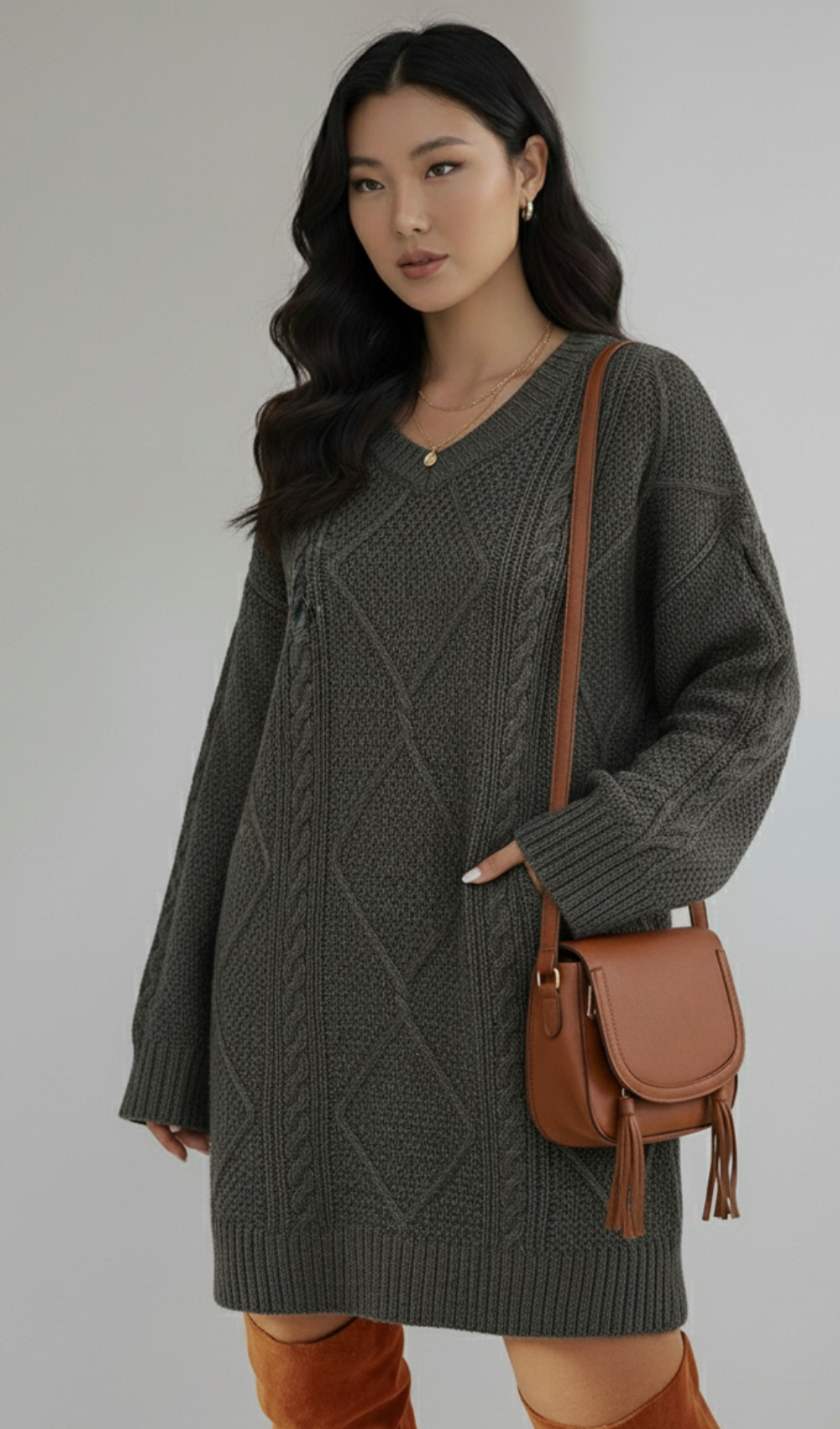 Cable-Knit Round Neck Sweater Dress