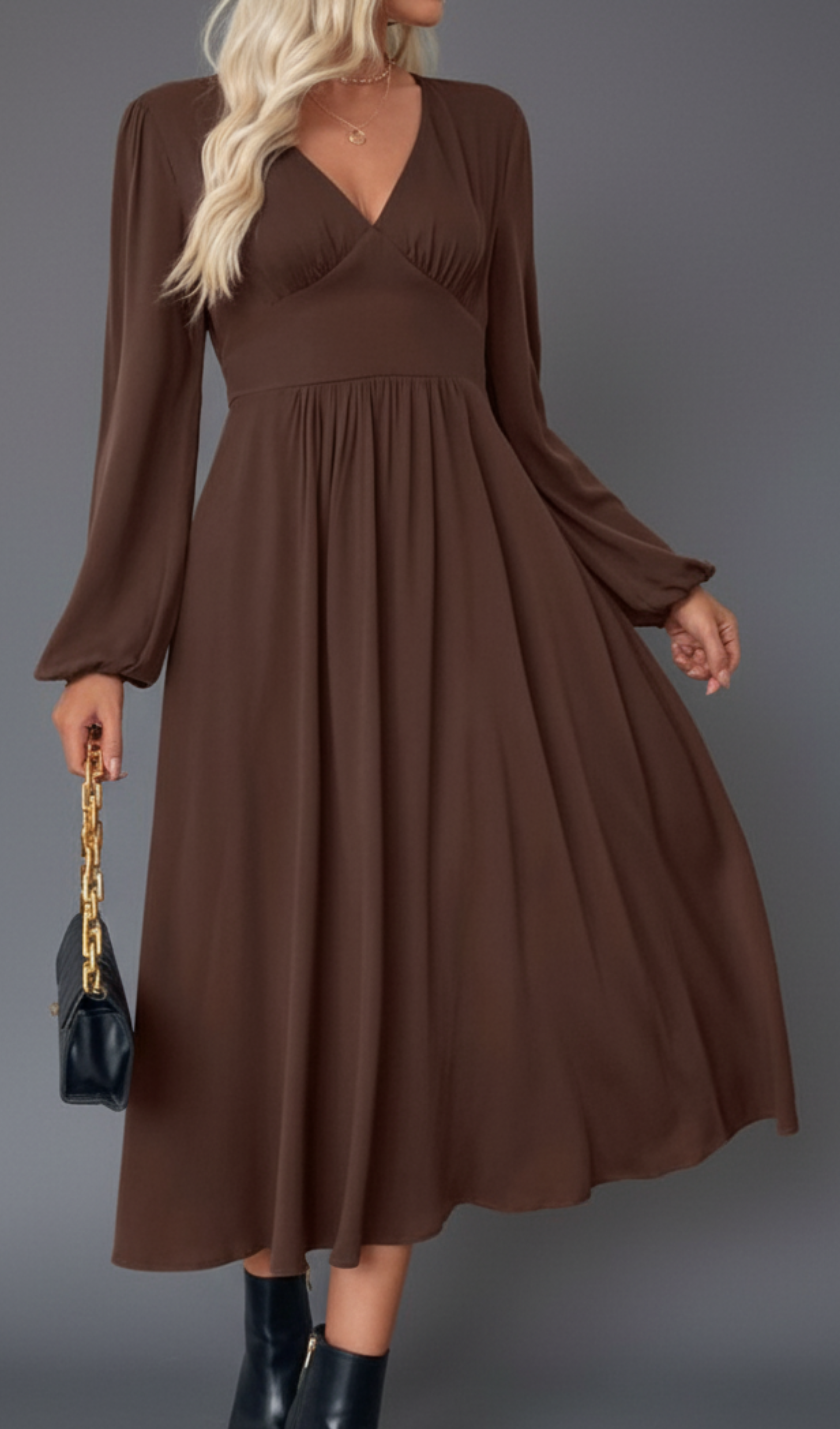 V-Neck Balloon Sleeve Midi Dress
