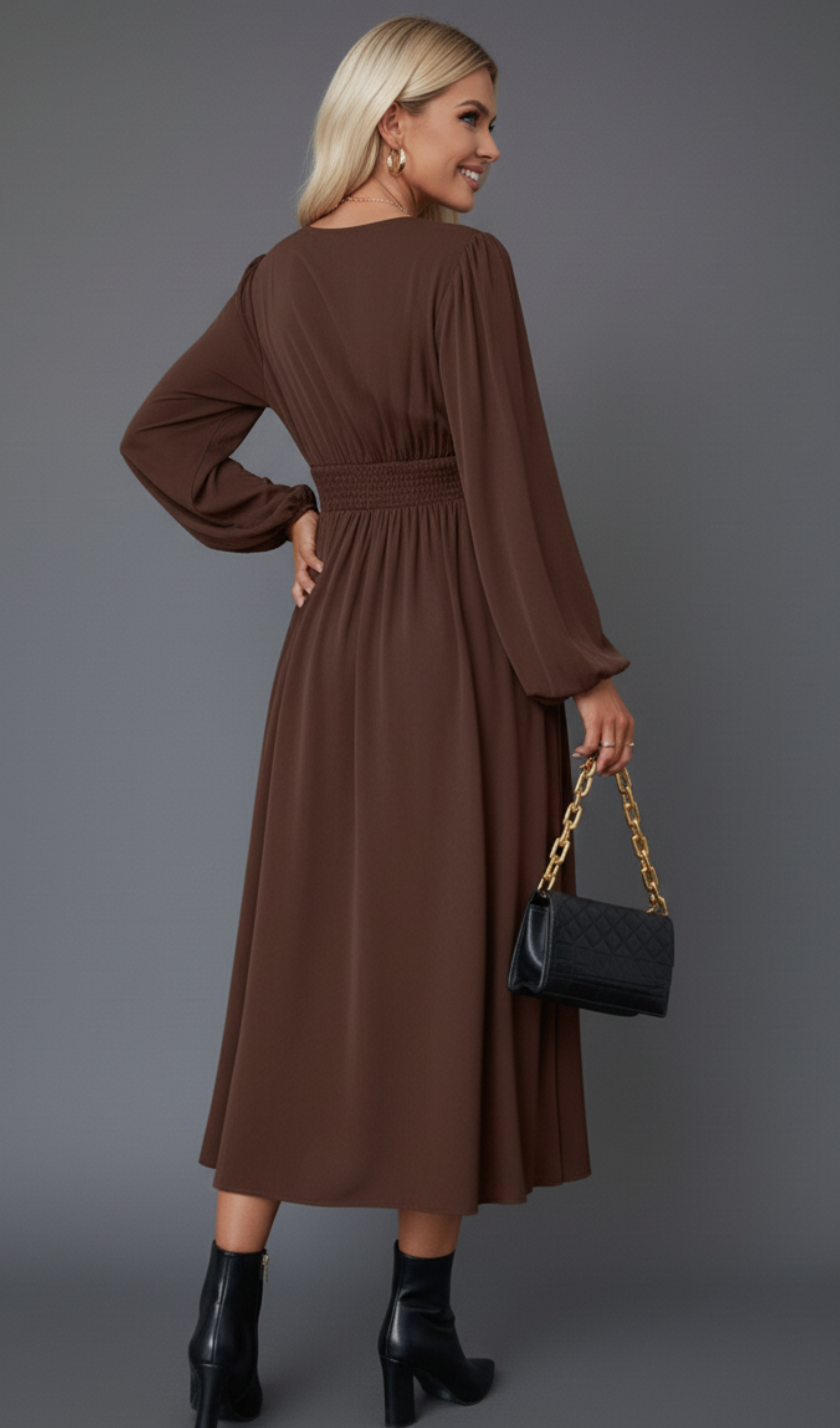 V-Neck Balloon Sleeve Midi Dress